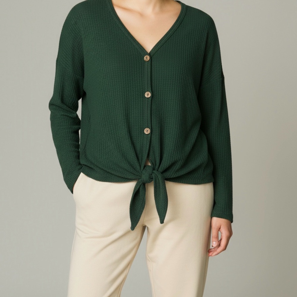 Green V-Neck Button-Up Women Top